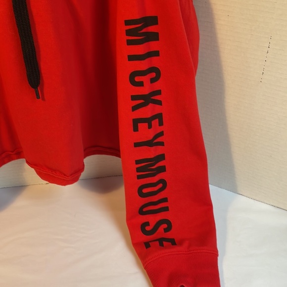 Mickey Mouse cropped red hoodie size Large. Black writing. Embroidered Mickey - Picture 4 of 12